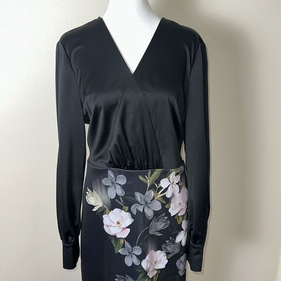 Ted Baker 5/14 Opal Alithea Black Floral V Neck Long Sleeve Bodycon Midi Dress - Picture 6 of 13